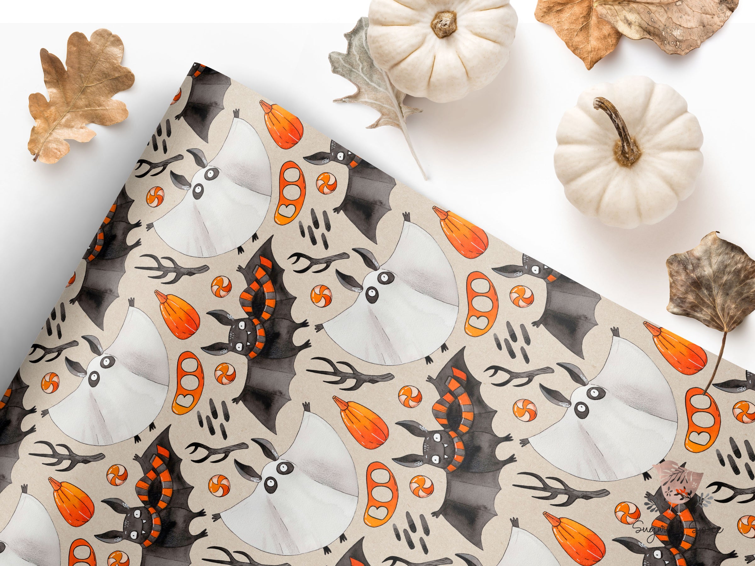 Bat and Ghost Halloween Orange Wrapping Paper
