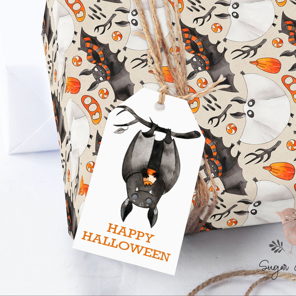 Black Hanging Bat Trick or Treat Halloween Printed Favor Tags with String