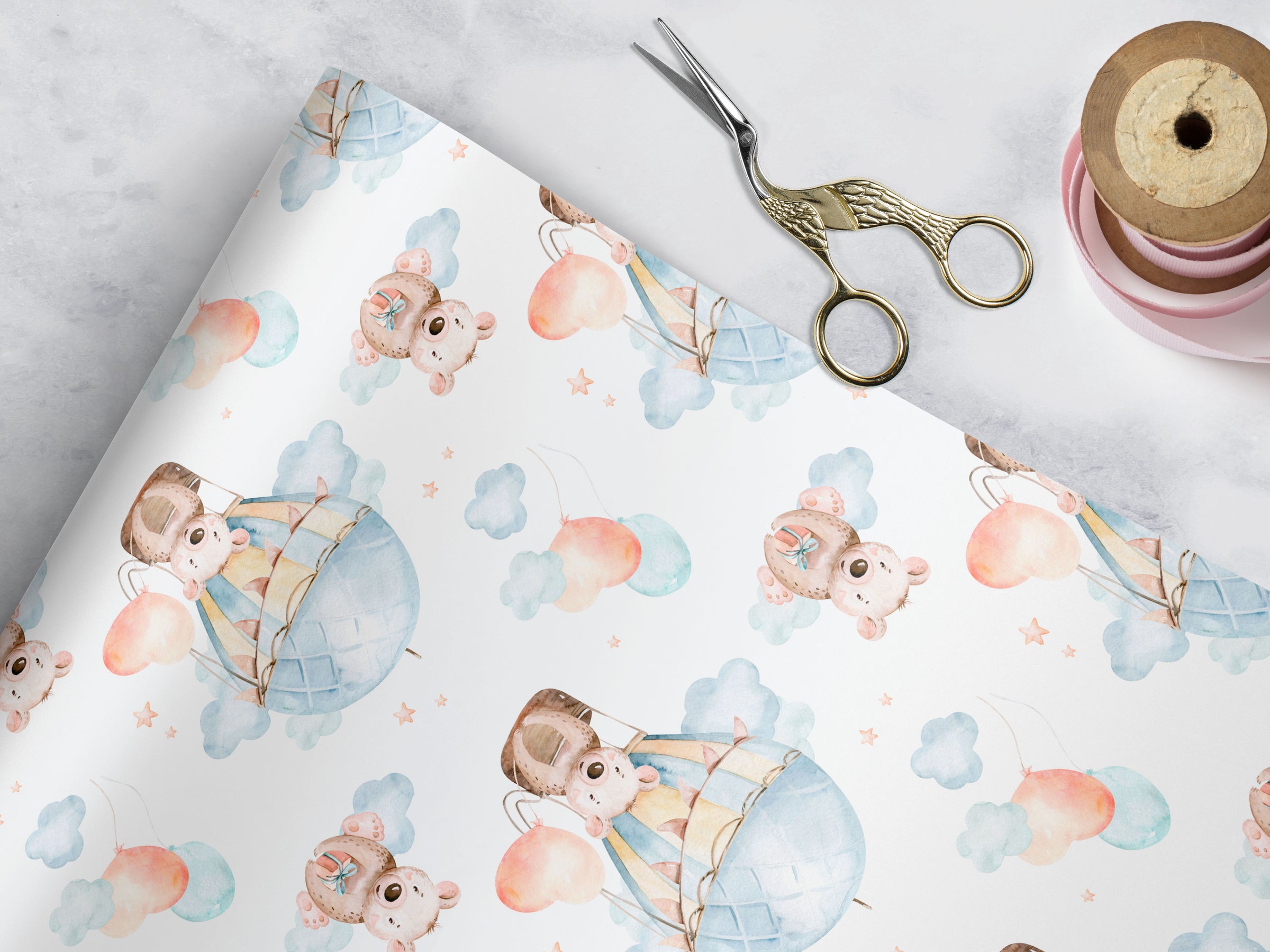 Baby Bear in Hot Air Balloon Wrapping Paper Sheets