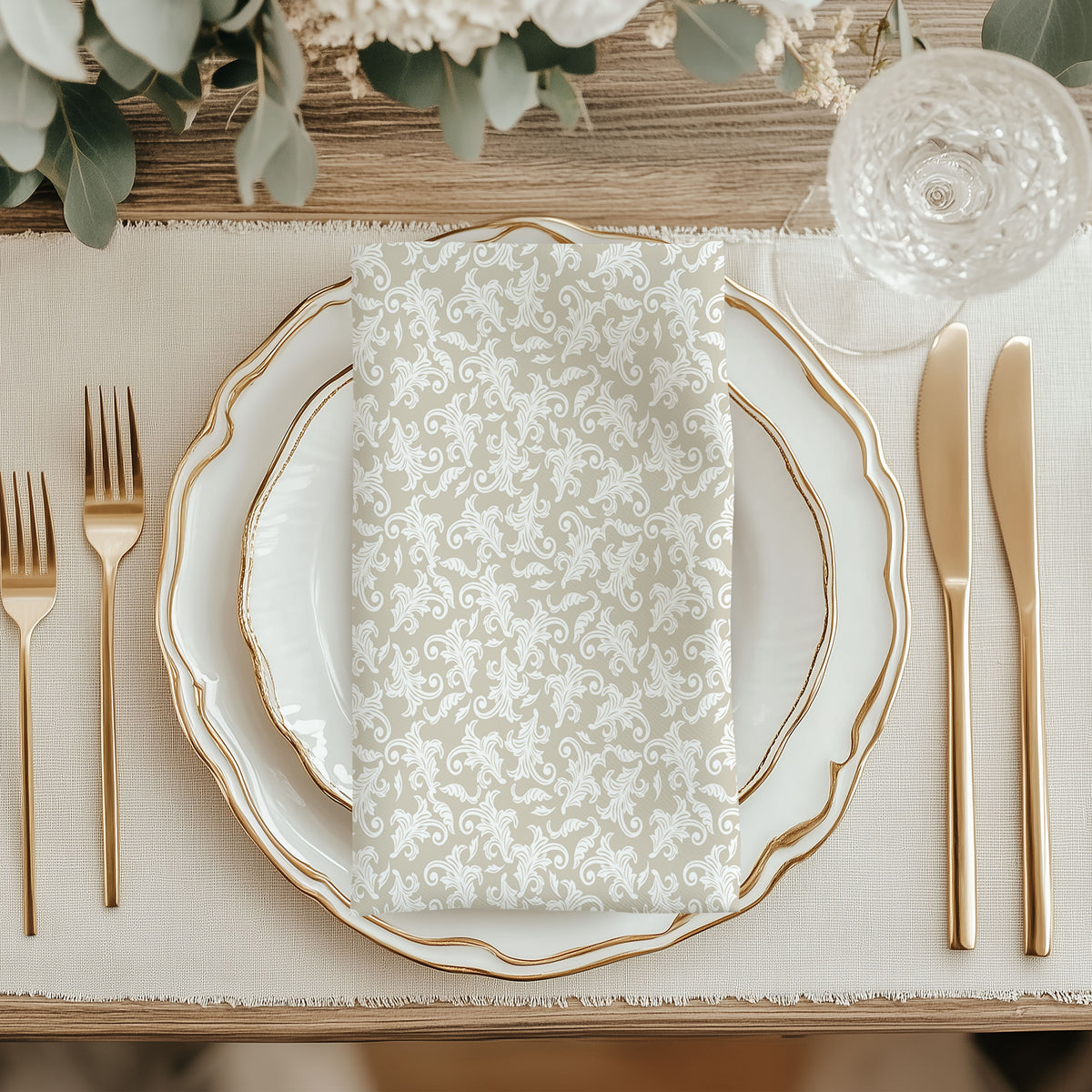Beige Damask Cloth Napkins (Set of 4) — Elegant Patterned Dinner Napkins for Weddings & Holiday Tables