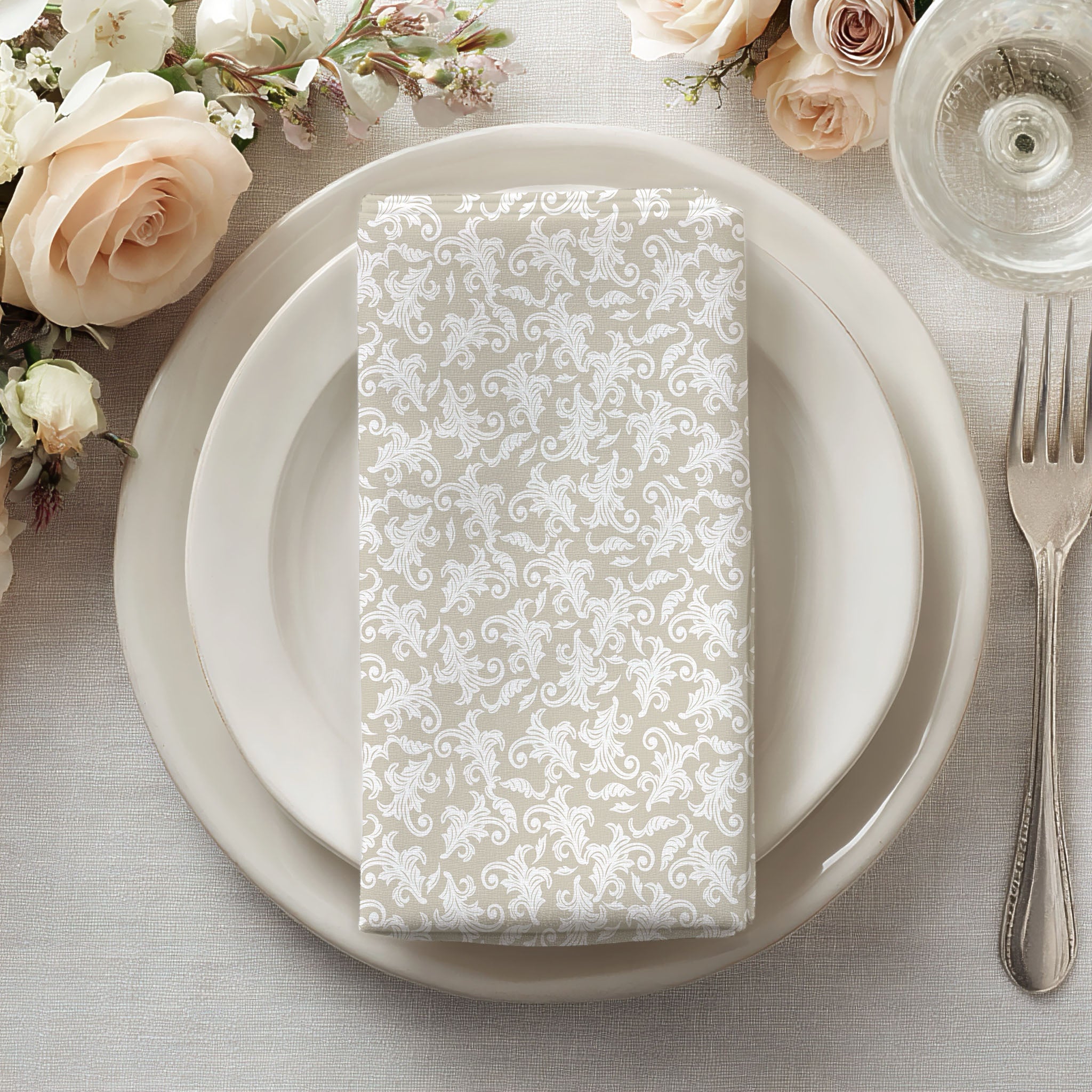 Beige Damask Cloth Napkins (Set of 4) — Elegant Patterned Dinner Napkins for Weddings & Holiday Tables