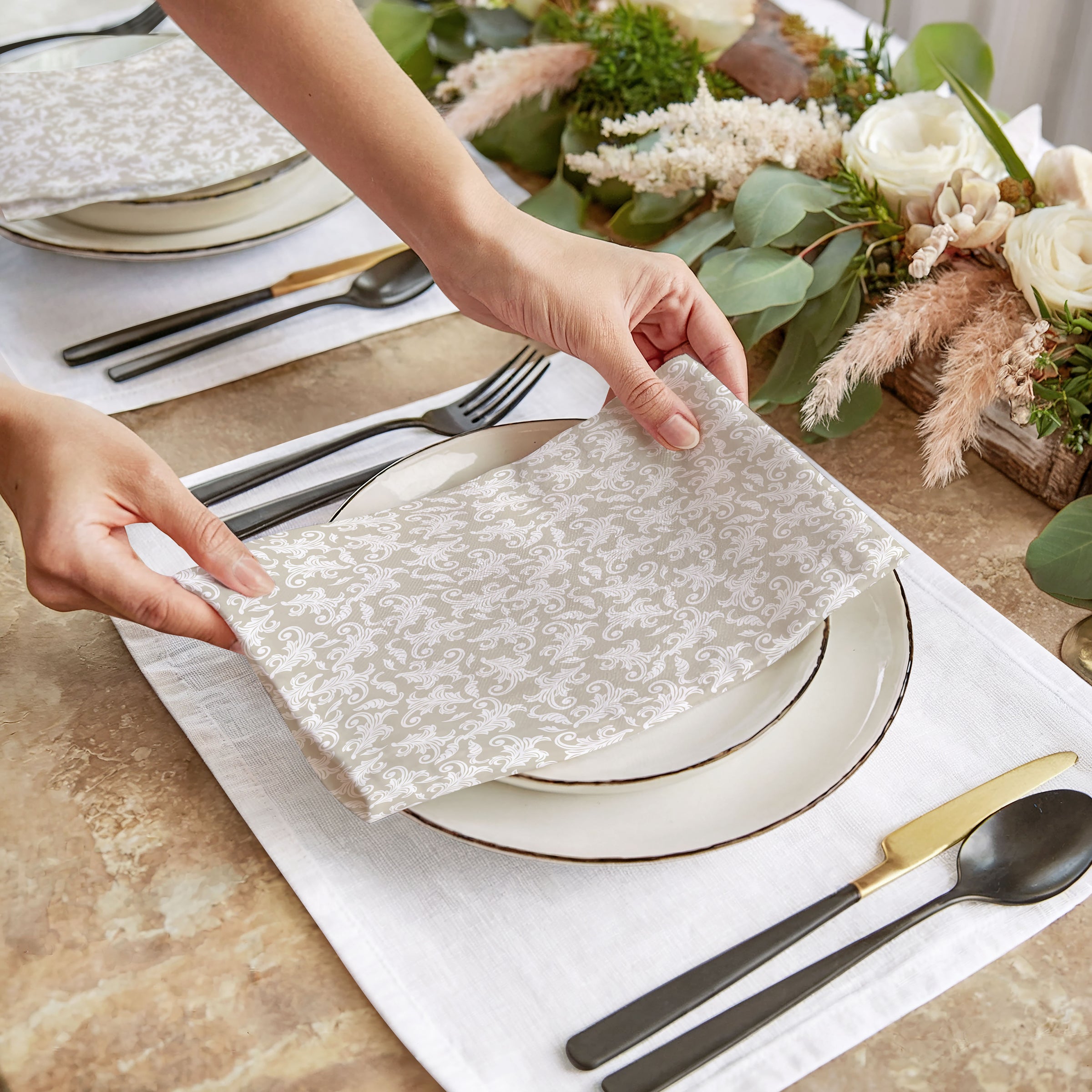 Beige Damask Cloth Napkins (Set of 4) — Elegant Patterned Dinner Napkins for Weddings & Holiday Tables