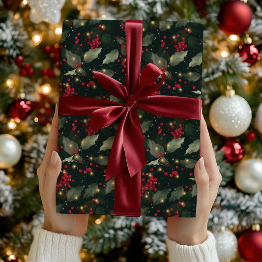 Holly and Lights Dark Christmas Wrapping Paper Sheets (5 sheets)
