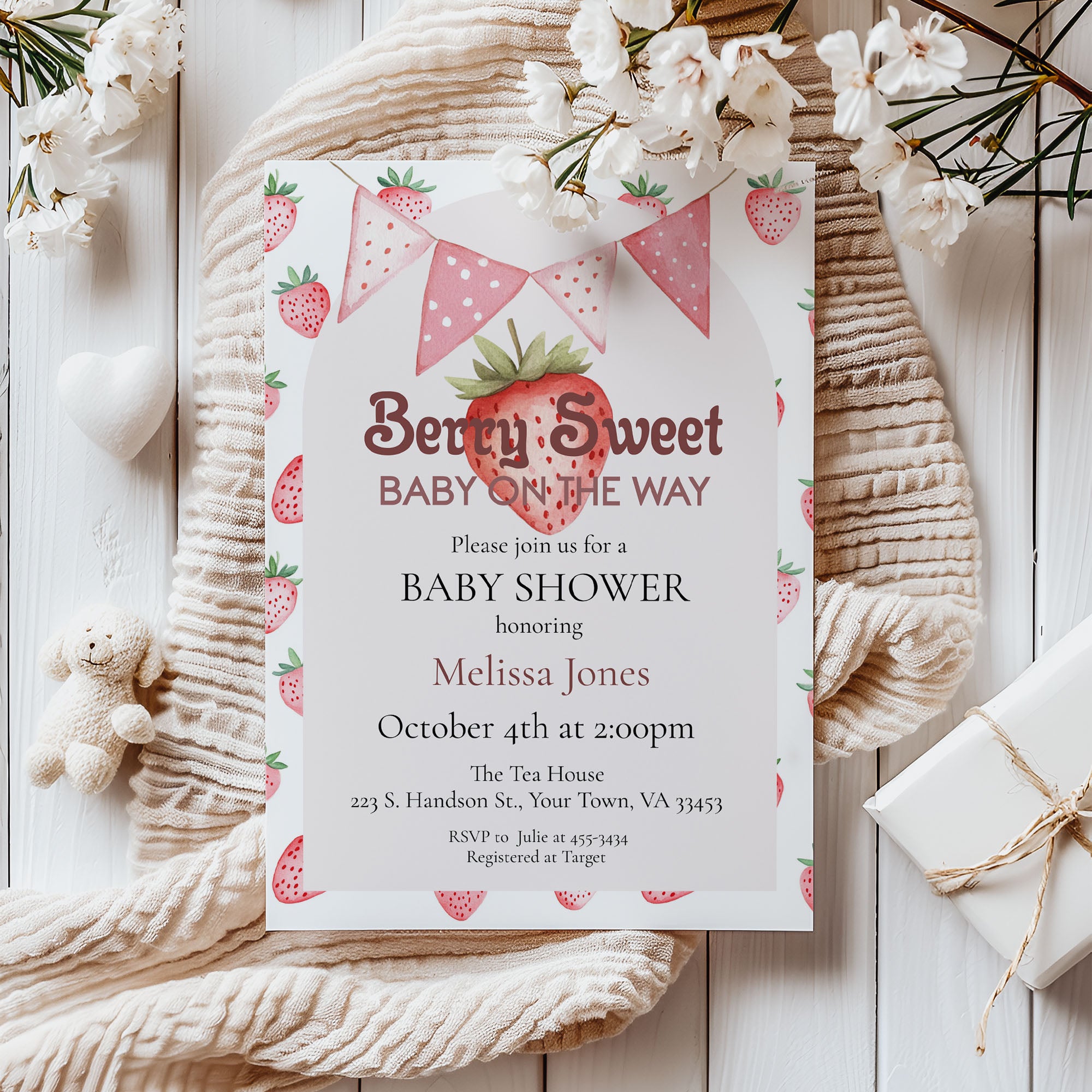 Berry Sweet Pink Girl Baby Shower Invitation