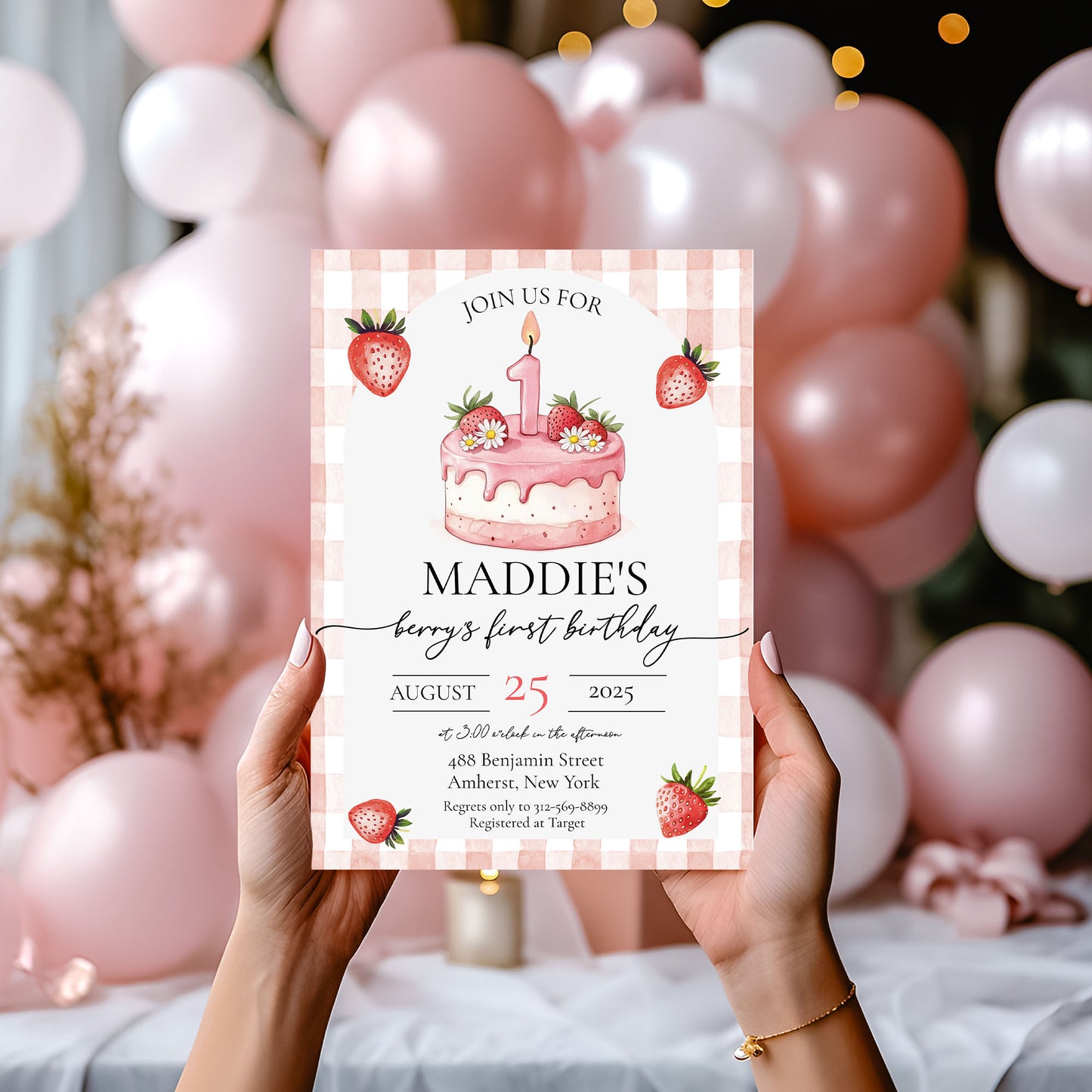 Berry First Strawberry Birthday Invitation Template Editable Invitation Corjl Digital Download