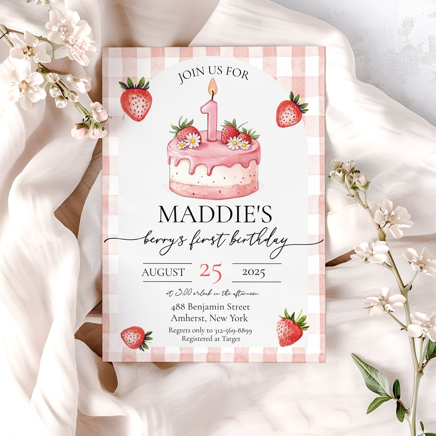 Berry First Strawberry Birthday Invitation Template Editable Invitation Corjl Digital Download