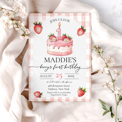 Berry First Strawberry Birthday Invitation Template Editable Invitation Corjl Digital Download