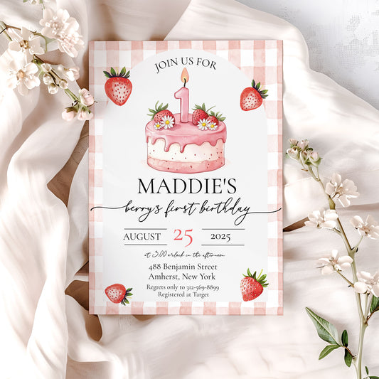Berry First Strawberry Birthday Invitation Template Editable Invitation Corjl Digital Download