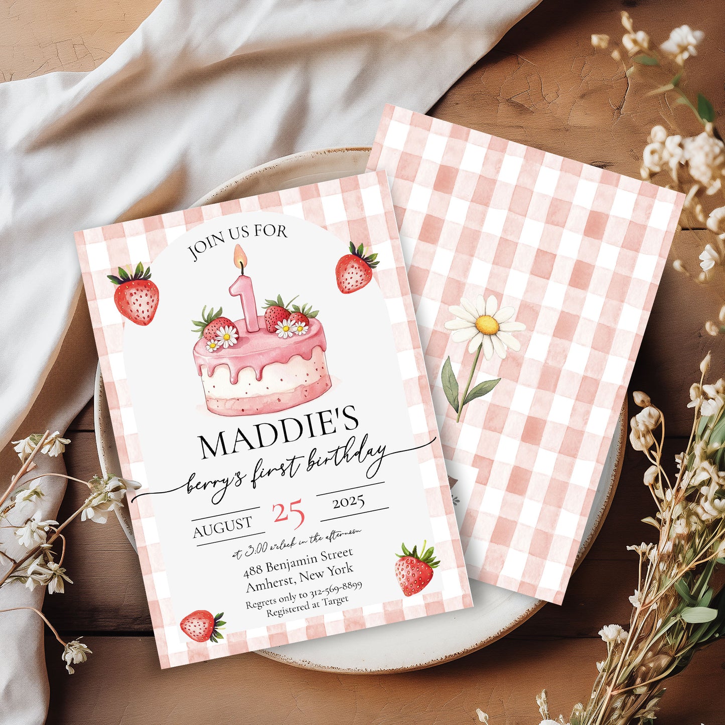 Berry First Strawberry Birthday Invitation Template Editable Invitation Corjl Digital Download
