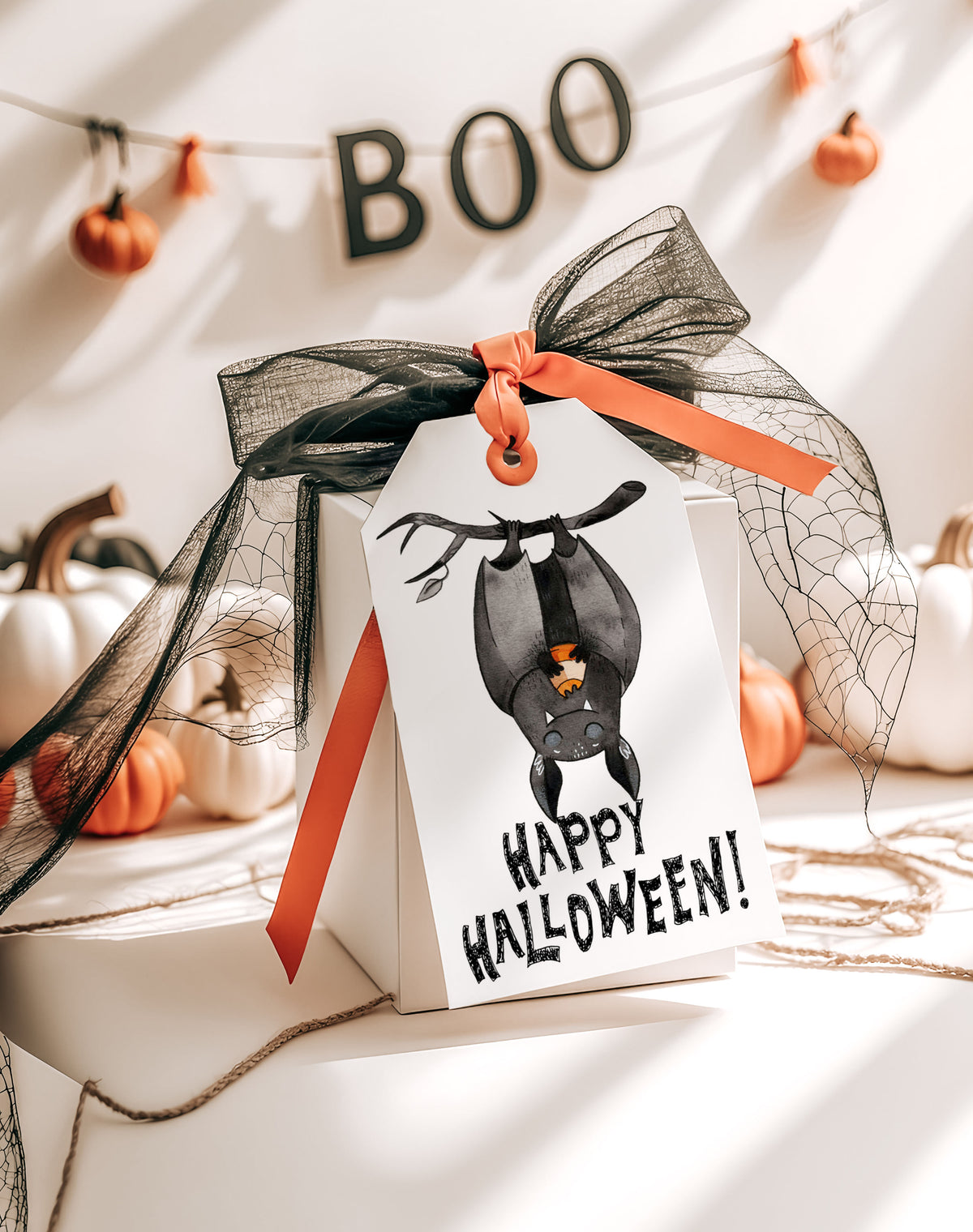 Black Hanging Bat Trick or Treat Halloween Printed Favor Tags with String
