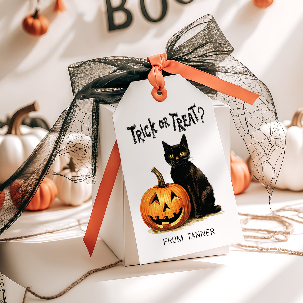 A Halloween-themed favor bag with a printed tag that says 'Trick or Treat? From Tanner' and shows a black cat and jack-o'-lantern, tied with a black tulle bow and orange ribbon, styled on a white surface with pumpkins and a 'BOO' decoration in the background.