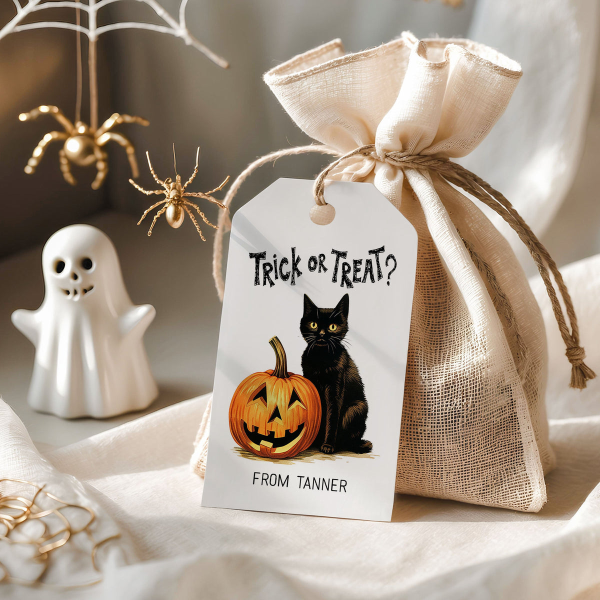Black Cat Trick or Treat Halloween Printed Favor Tags with String