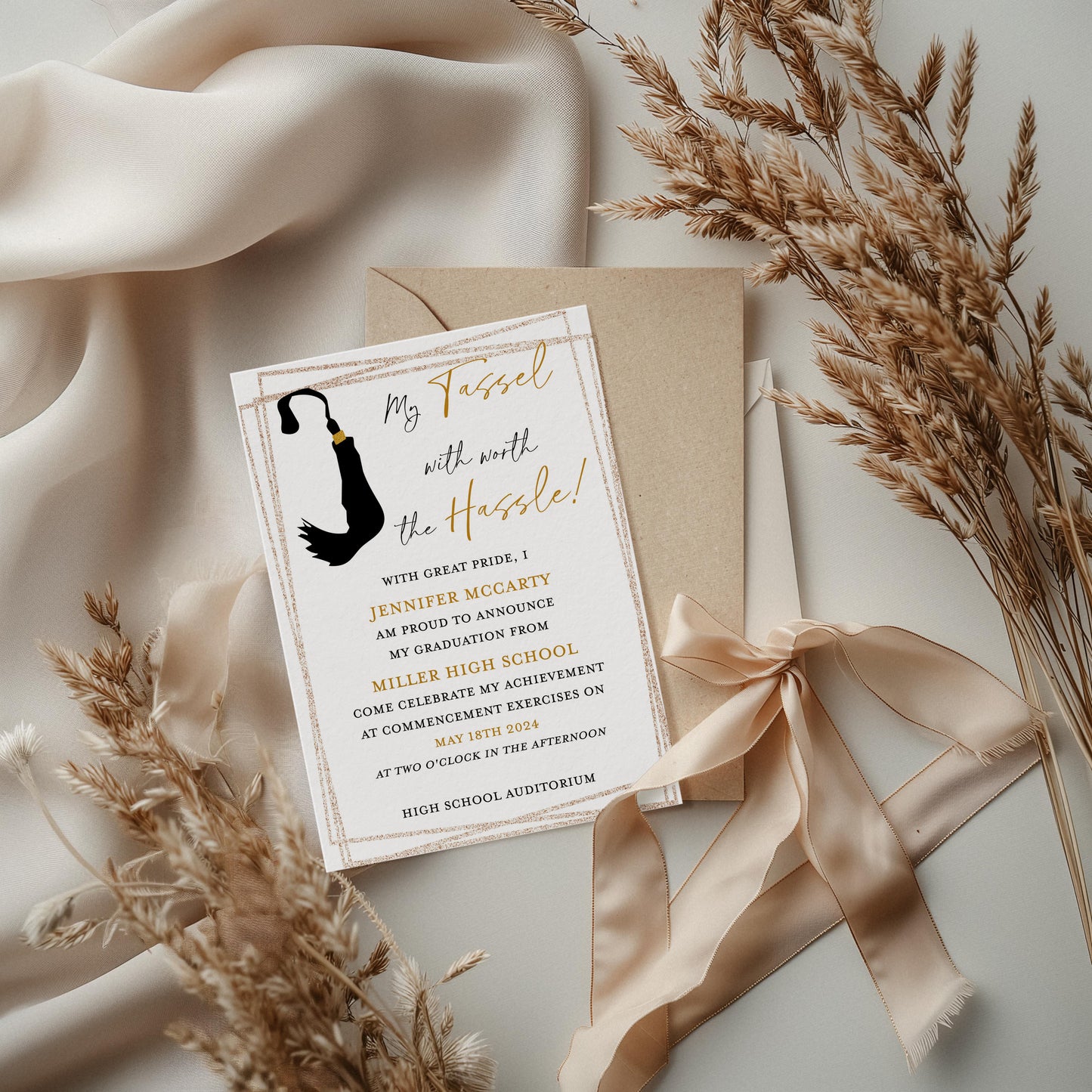 Tassel Black and Gold Graduation Invitation Template Editable Invitation Corjl Digital Download