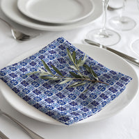 Blue Tile Pattern Cloth Napkin Set (4) — Vintage Mediterranean Dinner Napkins