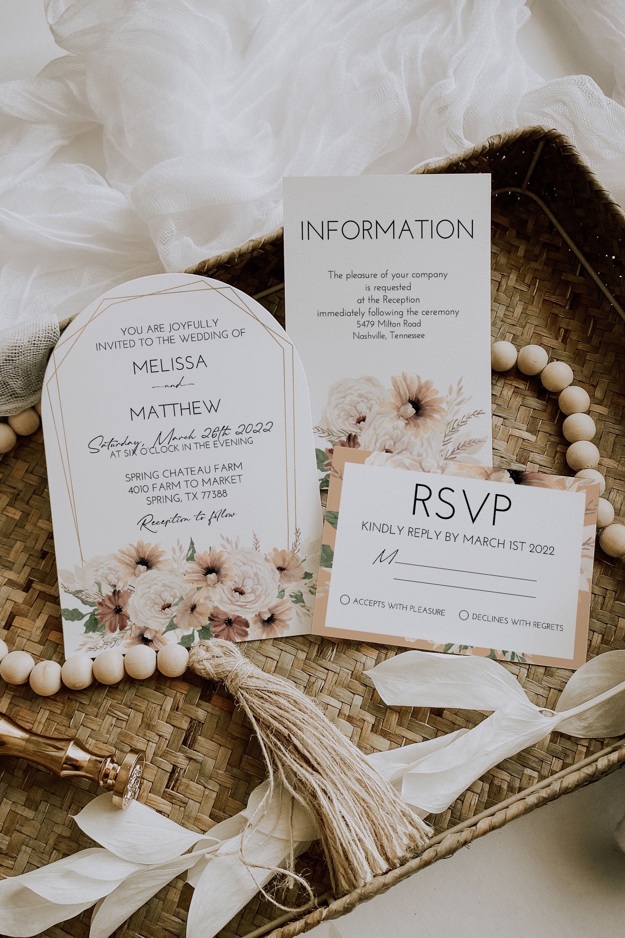 Boho Floral Arch with Gold Wedding Invitation