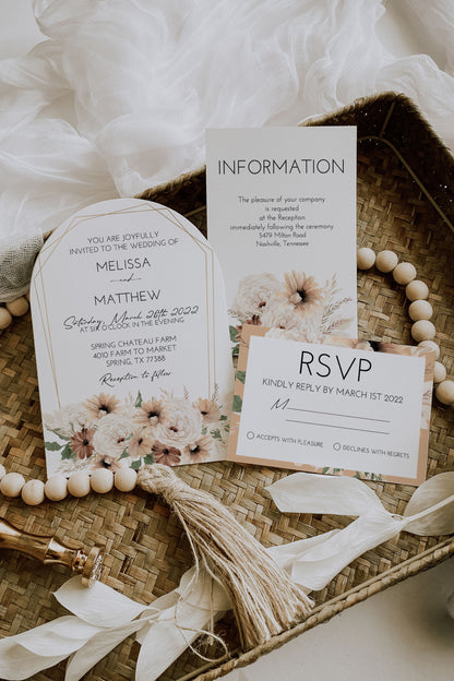 Boho Floral Arch with Gold Wedding Invitation