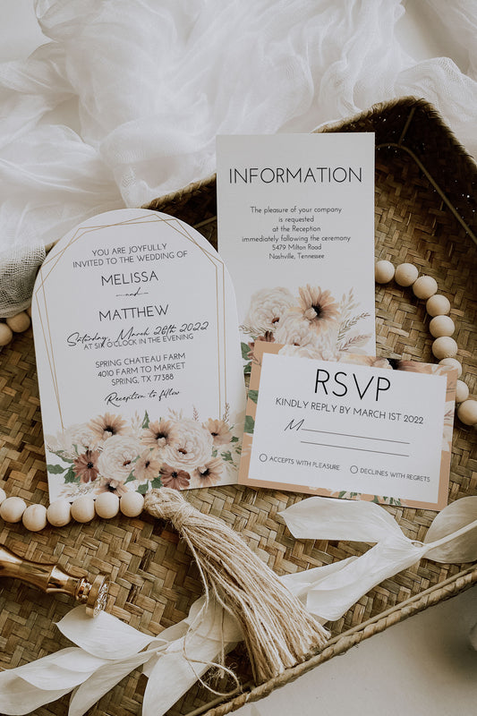 Boho Floral Arch with Gold Wedding Invitation