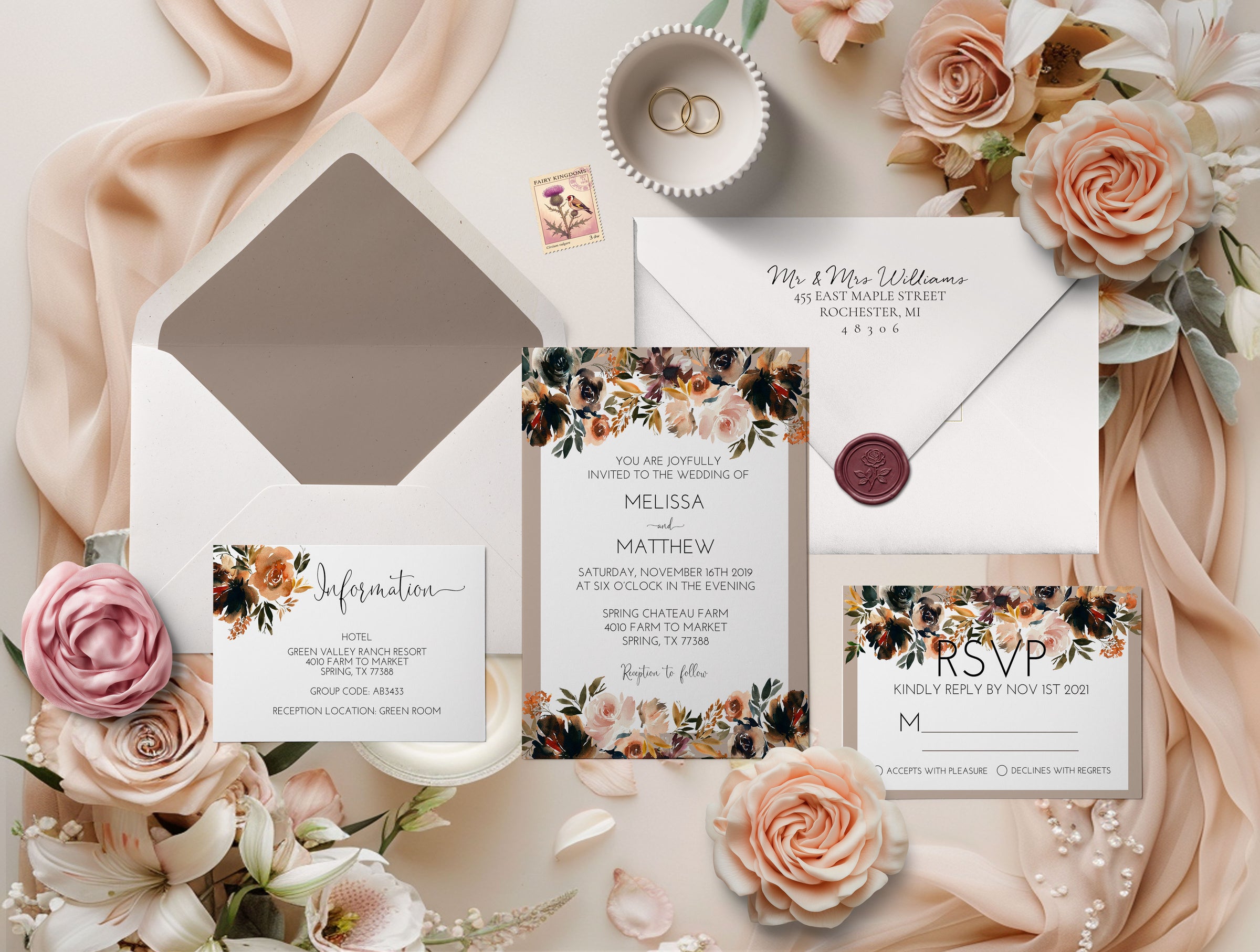 Fall Boho Floral Wedding Invitation Suite