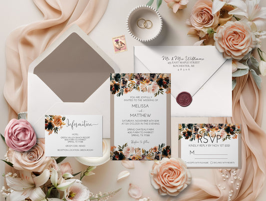 Fall Boho Floral Wedding Invitation Suite