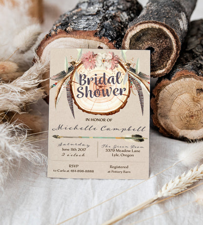 Rustic Boho Wood Slice Bridal Shower Invitation