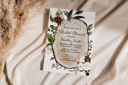 Boho Wood Slice Bridal Shower Invitation Digital Download