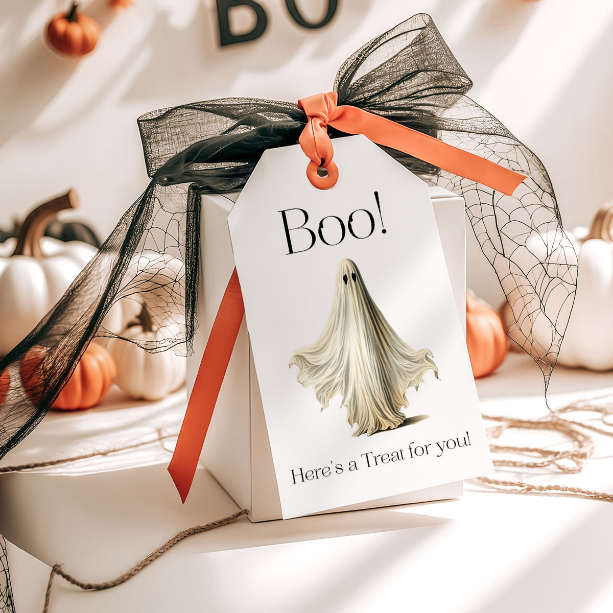 Ghost Halloween gift tag with Boo Here's a Treat for You wording for treat bags and Boo Baskets