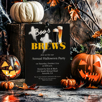 A Halloween party invitation card styled in a rustic autumn setting with pumpkins, a carved jack-o'-lantern, autumn leaves, and cobwebs. The card reads 'Boo's BREWs' and announces an annual Halloween party with event details.