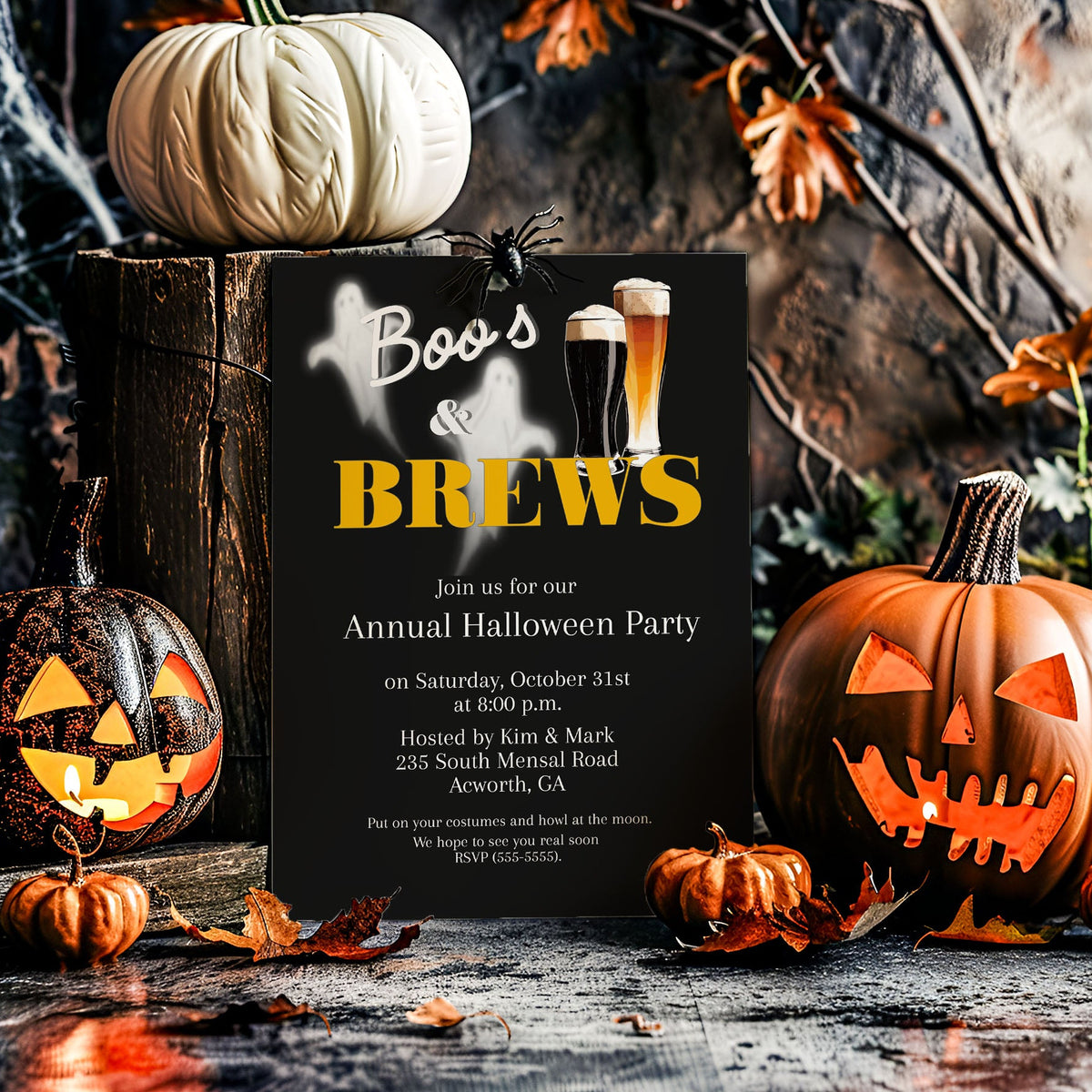 A Halloween party invitation card styled in a rustic autumn setting with pumpkins, a carved jack-o'-lantern, autumn leaves, and cobwebs. The card reads 'Boo's BREWs' and announces an annual Halloween party with event details.