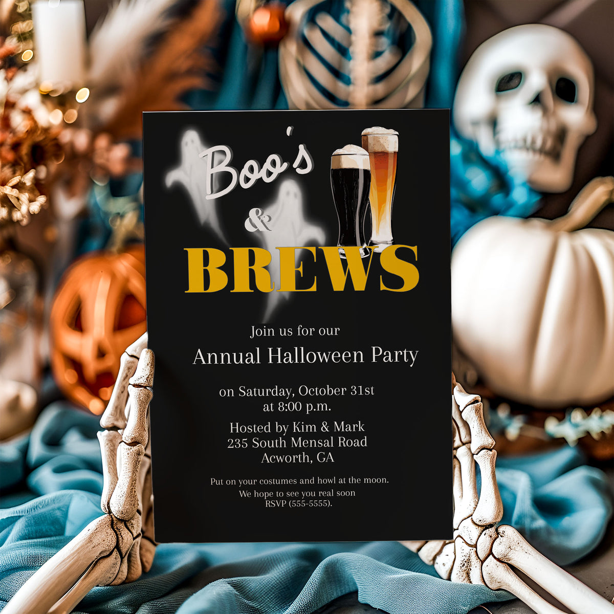 Boos and Brews Ghost Halloween Costume Party Invitation Template