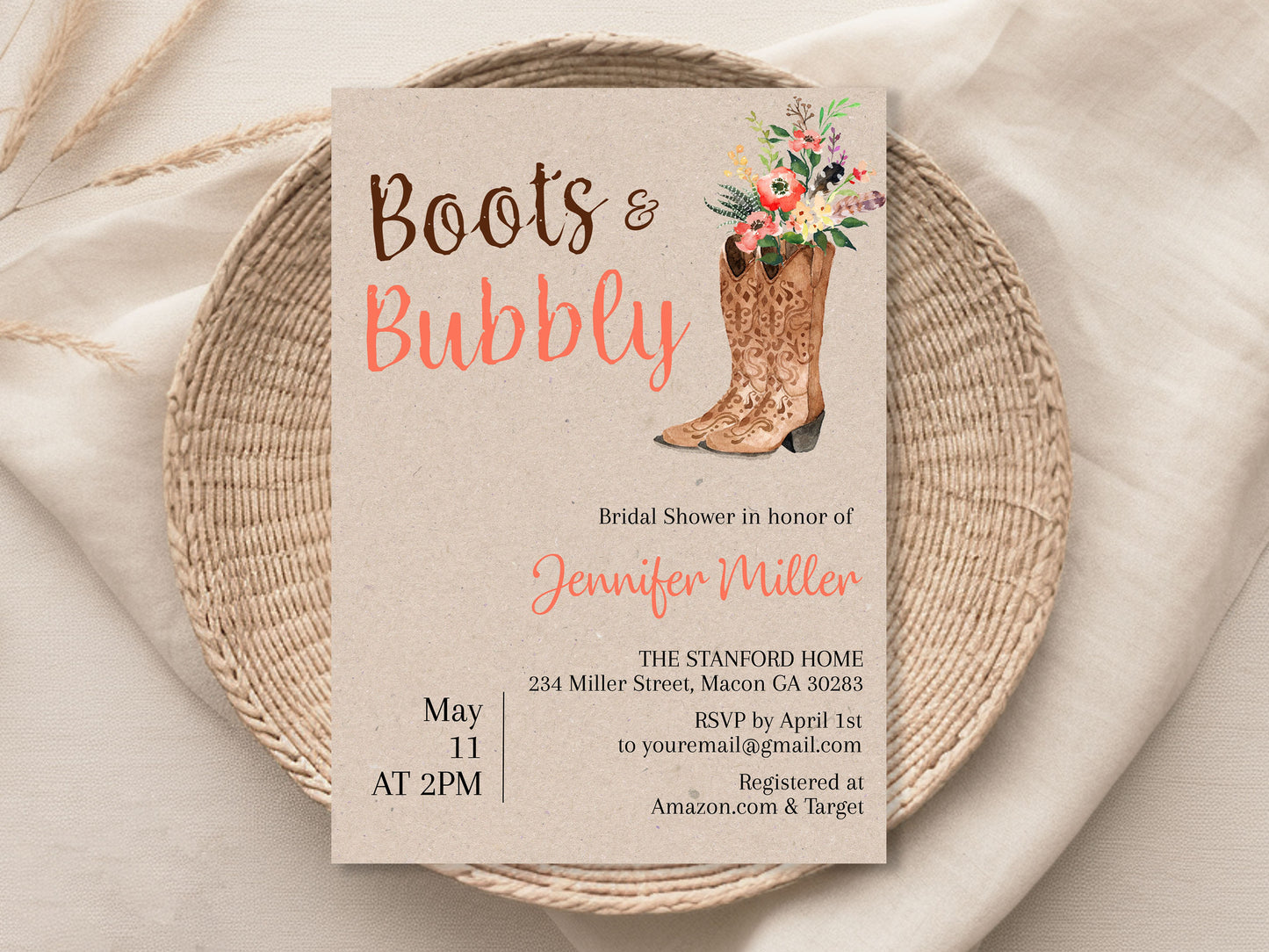 Boots and Bubbly Cowgirl Bridal Shower Invitation Template Editable Invitation Corjl Digital Download