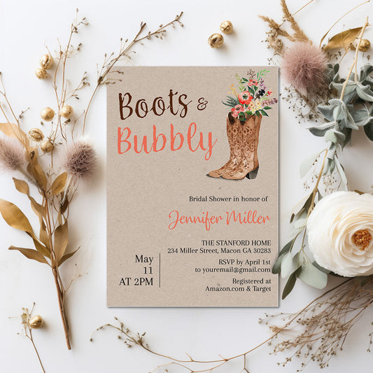 Boots and Bubbly Cowgirl Bridal Shower Invitation Template Editable Invitation Corjl Digital Download