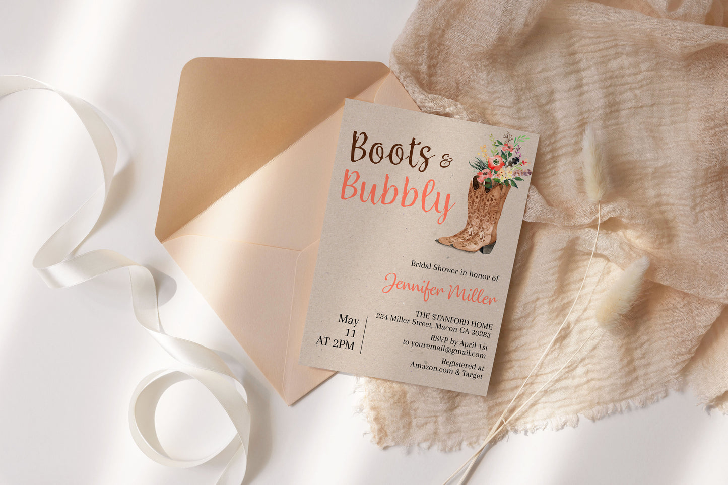 Boots and Bubbly Cowgirl Bridal Shower Invitation Template Editable Invitation Corjl Digital Download