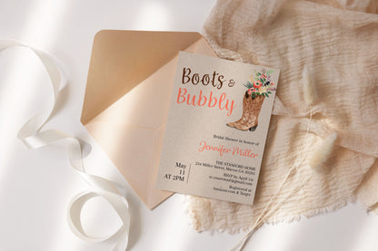 Boots and Bubbly Cowgirl Bridal Shower Invitation Template Editable Invitation Corjl Digital Download