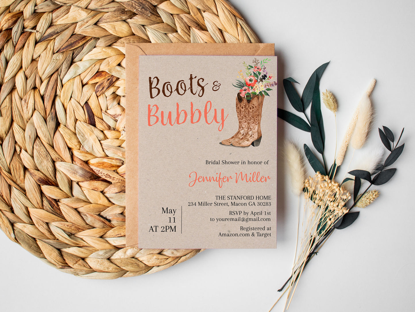 Boots and Bubbly Cowgirl Bridal Shower Invitation Template Editable Invitation Corjl Digital Download