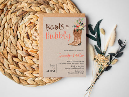 Boots and Bubbly Cowgirl Bridal Shower Invitation Template Editable Invitation Corjl Digital Download