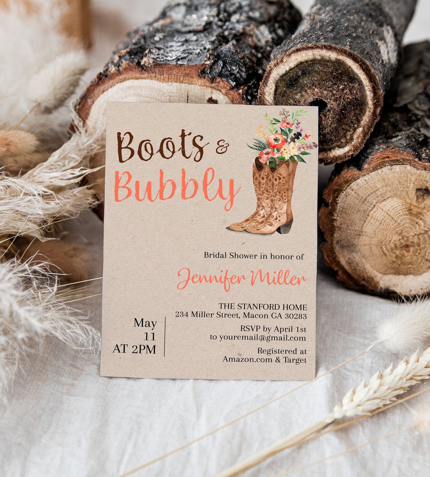 Boots and Bubbly Cowgirl Bridal Shower Invitation Template Editable Invitation Corjl Digital Download