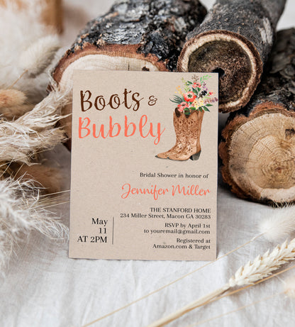 Boots and Bubbly Cowgirl Bridal Shower Invitation Template Editable Invitation Corjl Digital Download