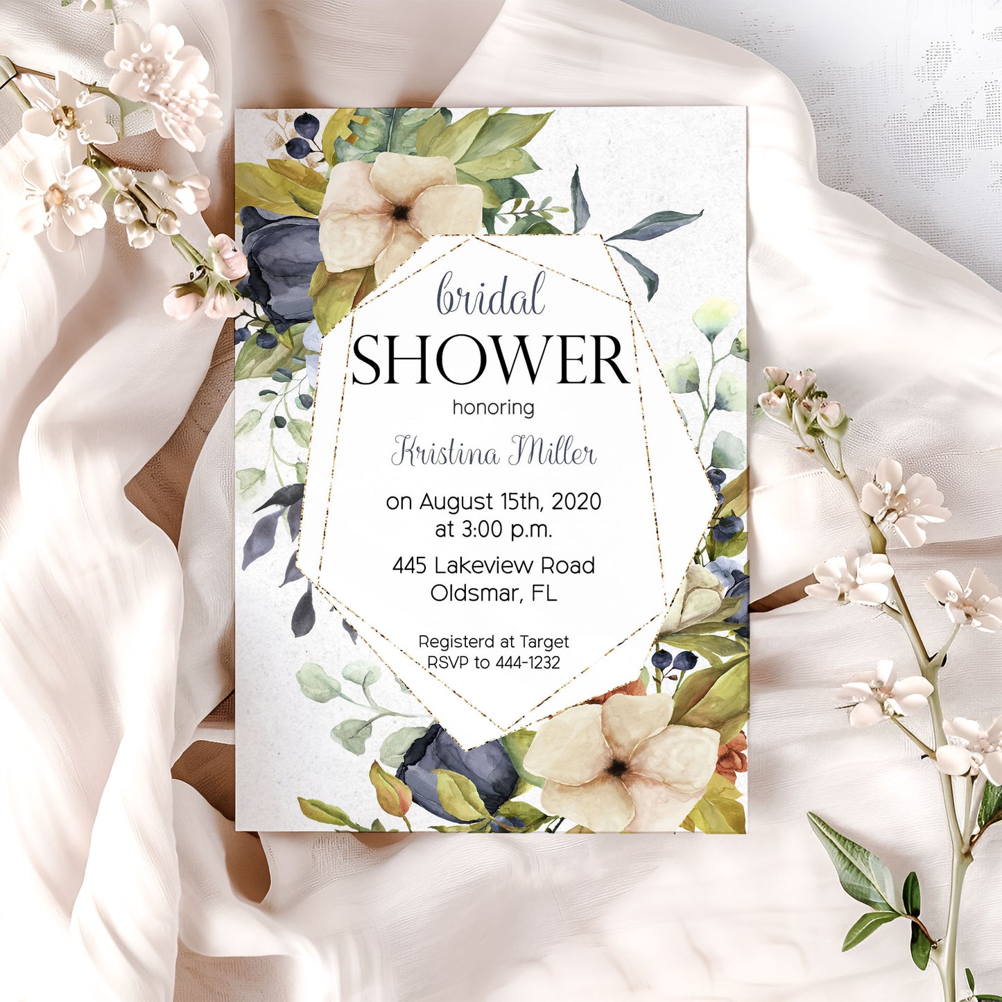 Botanical Blue Floral and Gold Trim Bridal Shower Invitation