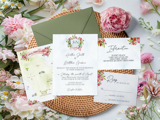 Cabo Mexico Watercolor Wedding Invitation Suite with Timeline & Map