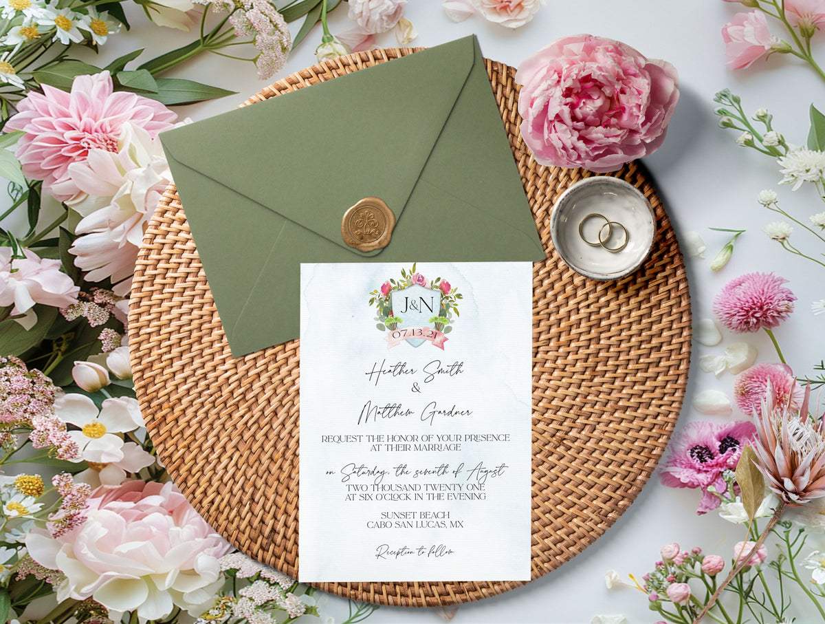 Cabo Mexico Watercolor Wedding Invitation Suite with Timeline & Map