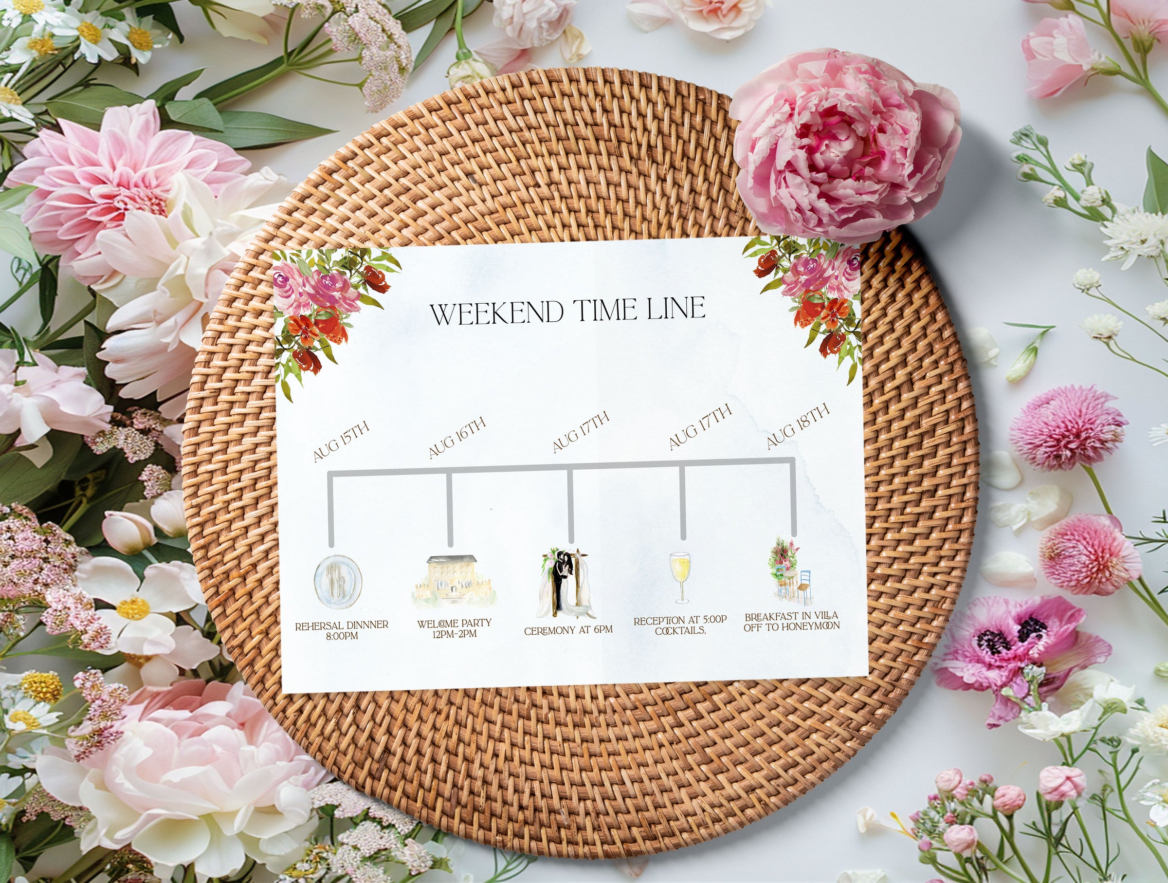 Cabo Mexico Watercolor Wedding Invitation Suite with Timeline & Map