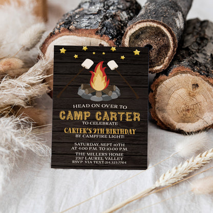 Campfire Smores under the Stars Rustic Wood Birthday Invitation