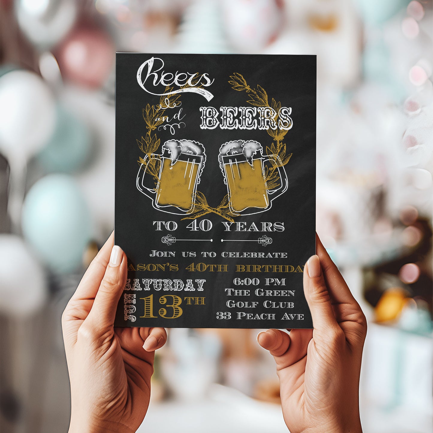 Cheers and Beers Chalkboard Adult Birthday Invitation