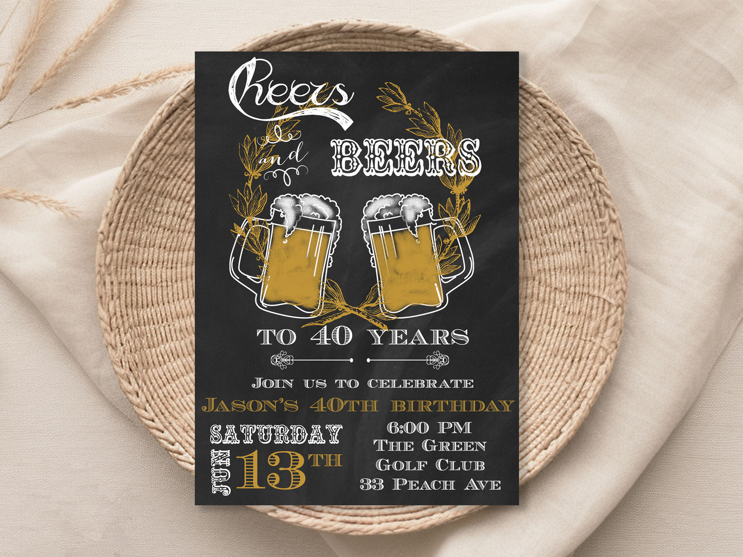 Cheers and Beers Chalkboard Adult Birthday Invitation