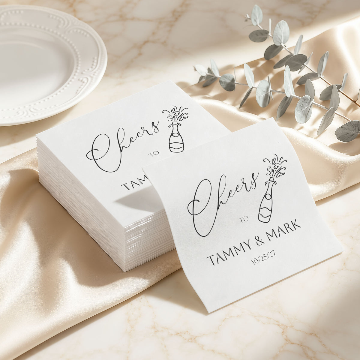 Let's Toast Napkins — Personalized Wedding Cocktail Napkins with Champagne Design