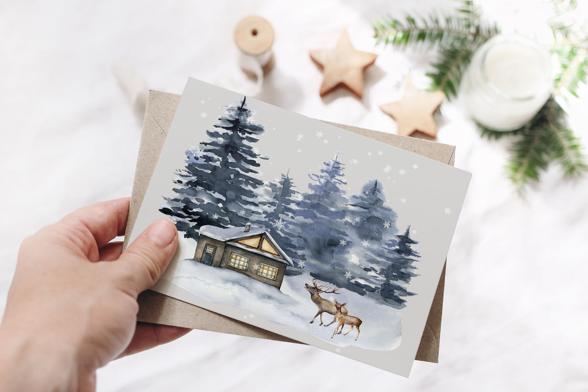 Winter Woodland Cabin Christmas Holiday Greeting Card