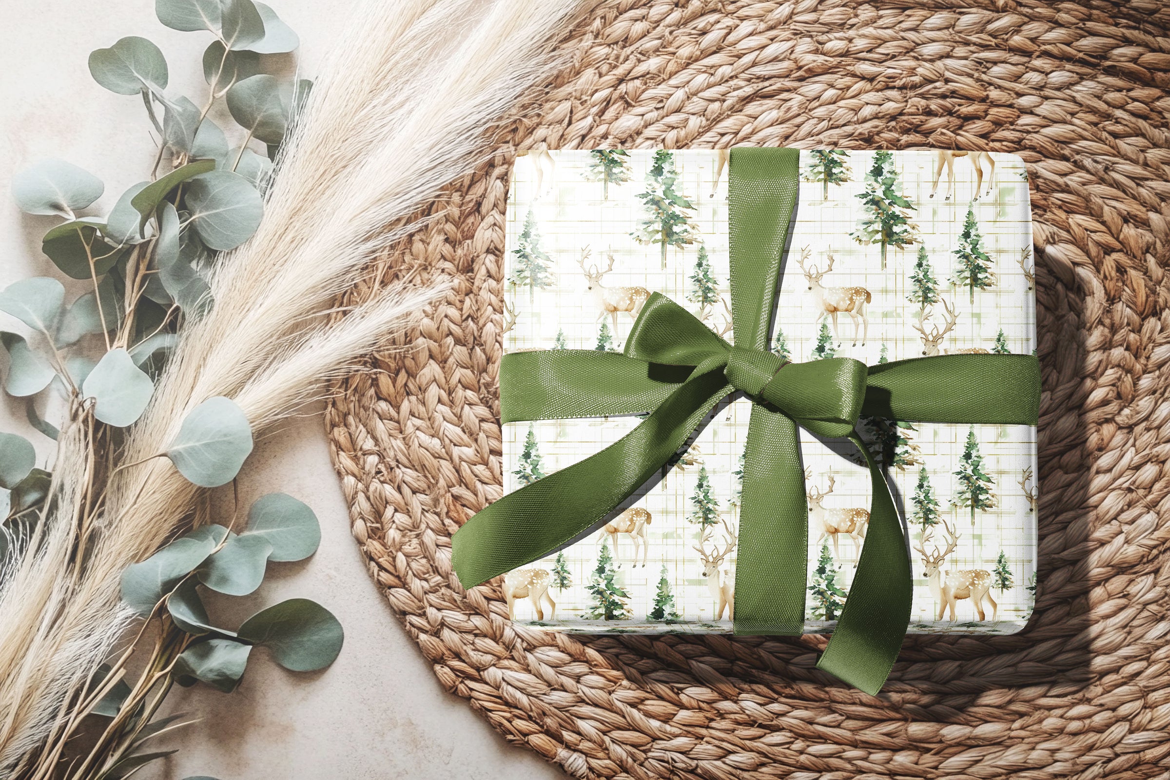 Winter Deer & Pine Holiday Gift Wrap Roll