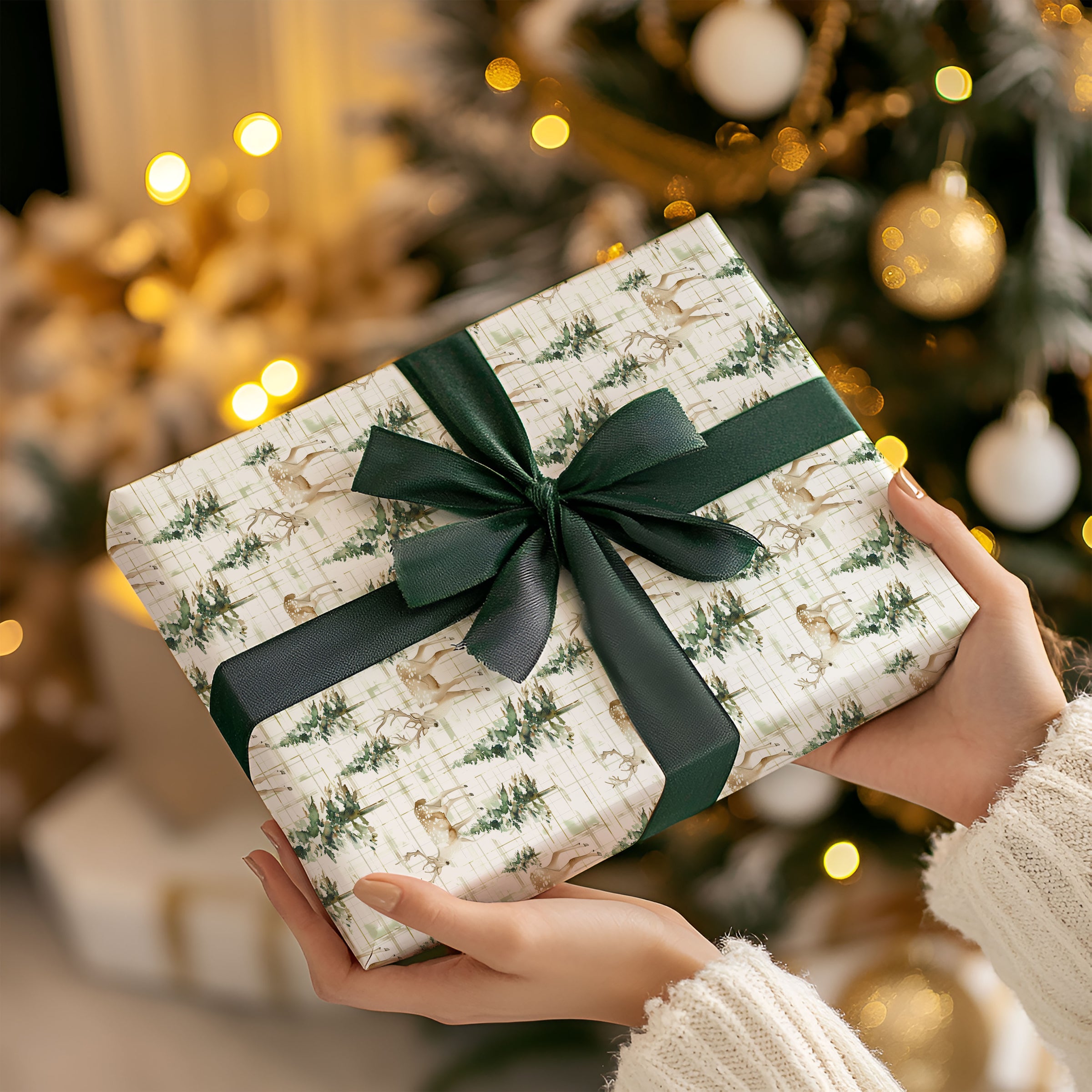Winter Deer & Pine Holiday Gift Wrap Roll
