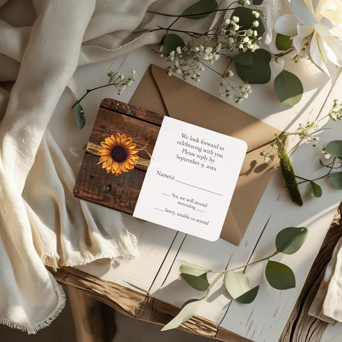 Rustic Sunflower Country Barn with Hanging Lights Wedding Invitation Suite