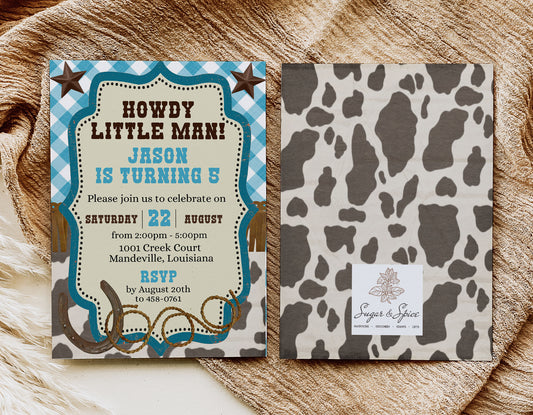 Cowboy Western Howdy Little Man Birthday Invitation Template Editable Invitation Corjl Digital Download